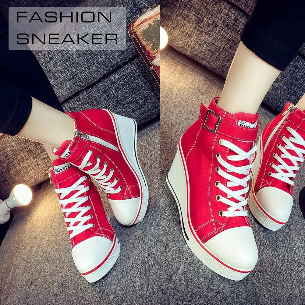 Mei MACLEOD Wedge Heel Sneaker for Women High Heel Sneaker Side Zipper/Lace Up Canvas Shoes for Ladies College Students