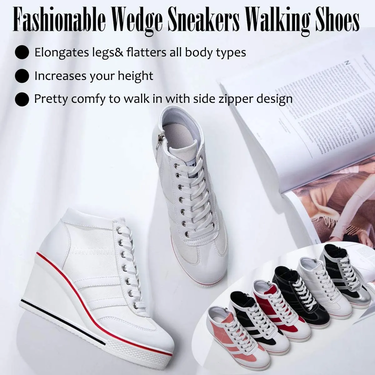 Mei MACLEOD Women Wedge Sneakers Platform Wedge High Heel Sneakers Ankle Booties Casual Canvas Shoes