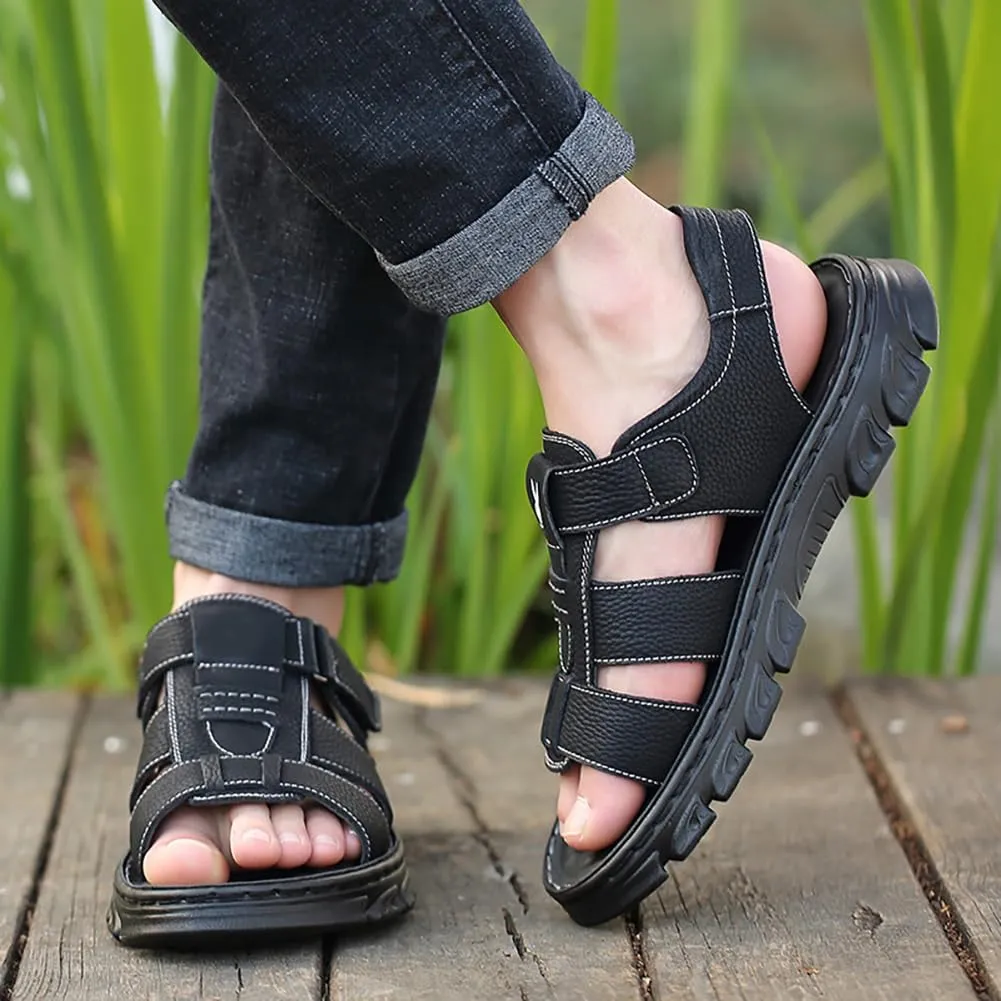 Mens Athletic Sandals Outdoor Hiking Fisherman Sandals Leather Open Toe Sandals With Arch Support Beach Water Sport Sandals
