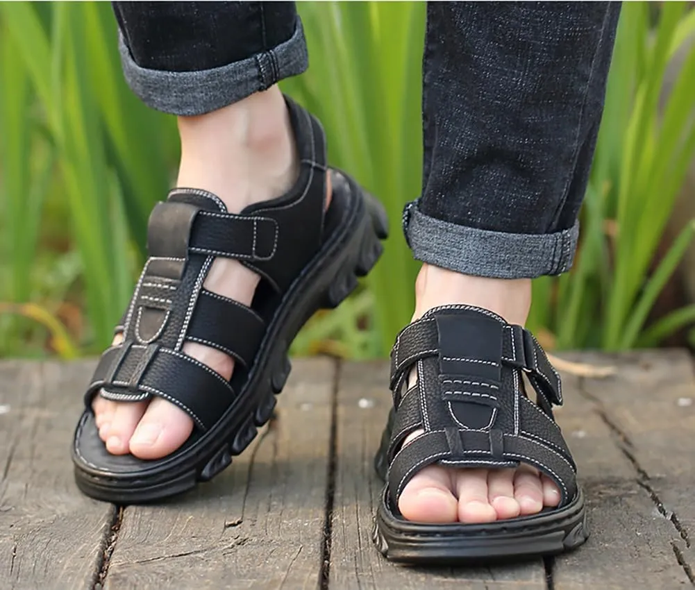 Mens Athletic Sandals Outdoor Hiking Fisherman Sandals Leather Open Toe Sandals With Arch Support Beach Water Sport Sandals