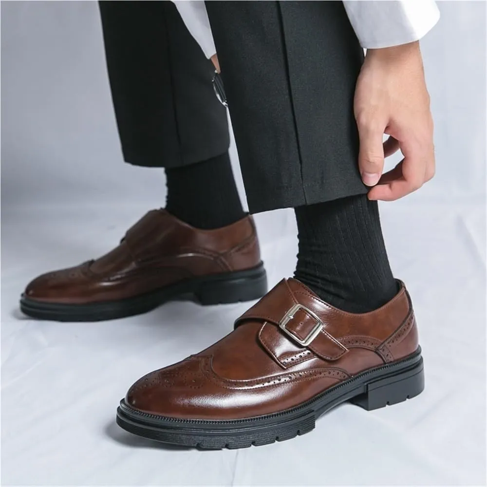 Mens British Leather Dress Loafers Pointed Toe Height Increasing Slip On All Match Wear Resistant Business Casual Footwear