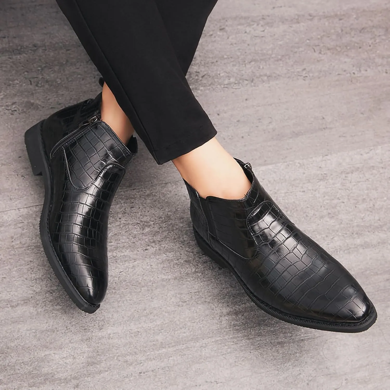 Mens Chelsea Boots Side Zipper Slip On Stylish Dress Boots Crocodile Pattern PU Leather Low Heel Ankle Boots