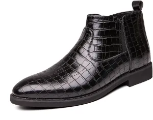 Mens Chelsea Boots Side Zipper Slip On Stylish Dress Boots Crocodile Pattern PU Leather Low Heel Ankle Boots