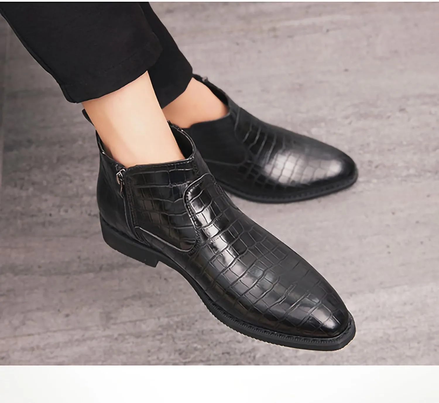 Mens Chelsea Boots Side Zipper Slip On Stylish Dress Boots Crocodile Pattern PU Leather Low Heel Ankle Boots