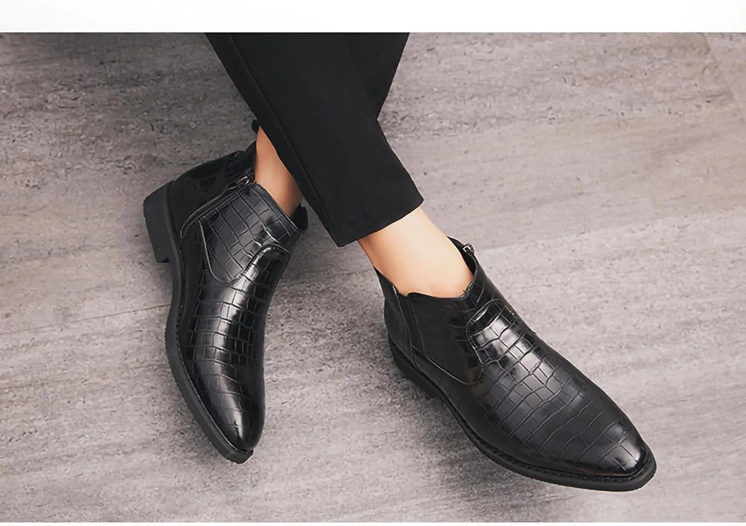 Mens Chelsea Boots Side Zipper Slip On Stylish Dress Boots Crocodile Pattern PU Leather Low Heel Ankle Boots