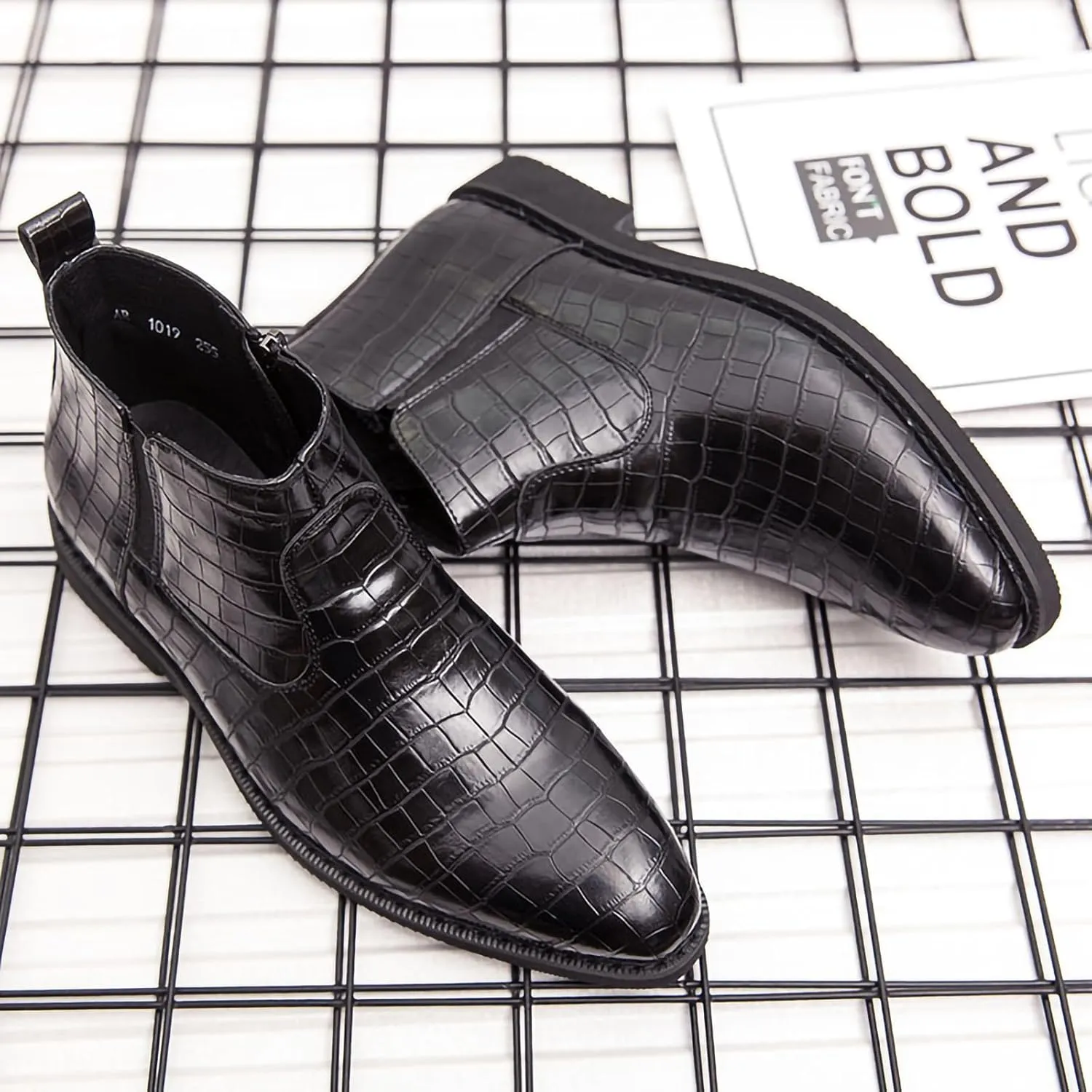 Mens Chelsea Boots Side Zipper Slip On Stylish Dress Boots Crocodile Pattern PU Leather Low Heel Ankle Boots