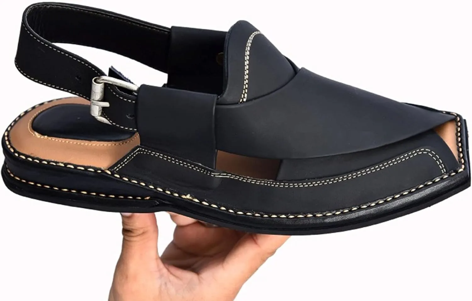 Men's Double Sole Summer Black Genuine Cowhide Leather Sandals Comfort Shoes