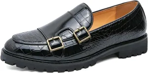 Men's Dress Loafers Double Monk Strap Leather Slip On Loafers Burgundy Crocodile Pattern with Lug Sole Business Formal Casual Dress Shoes