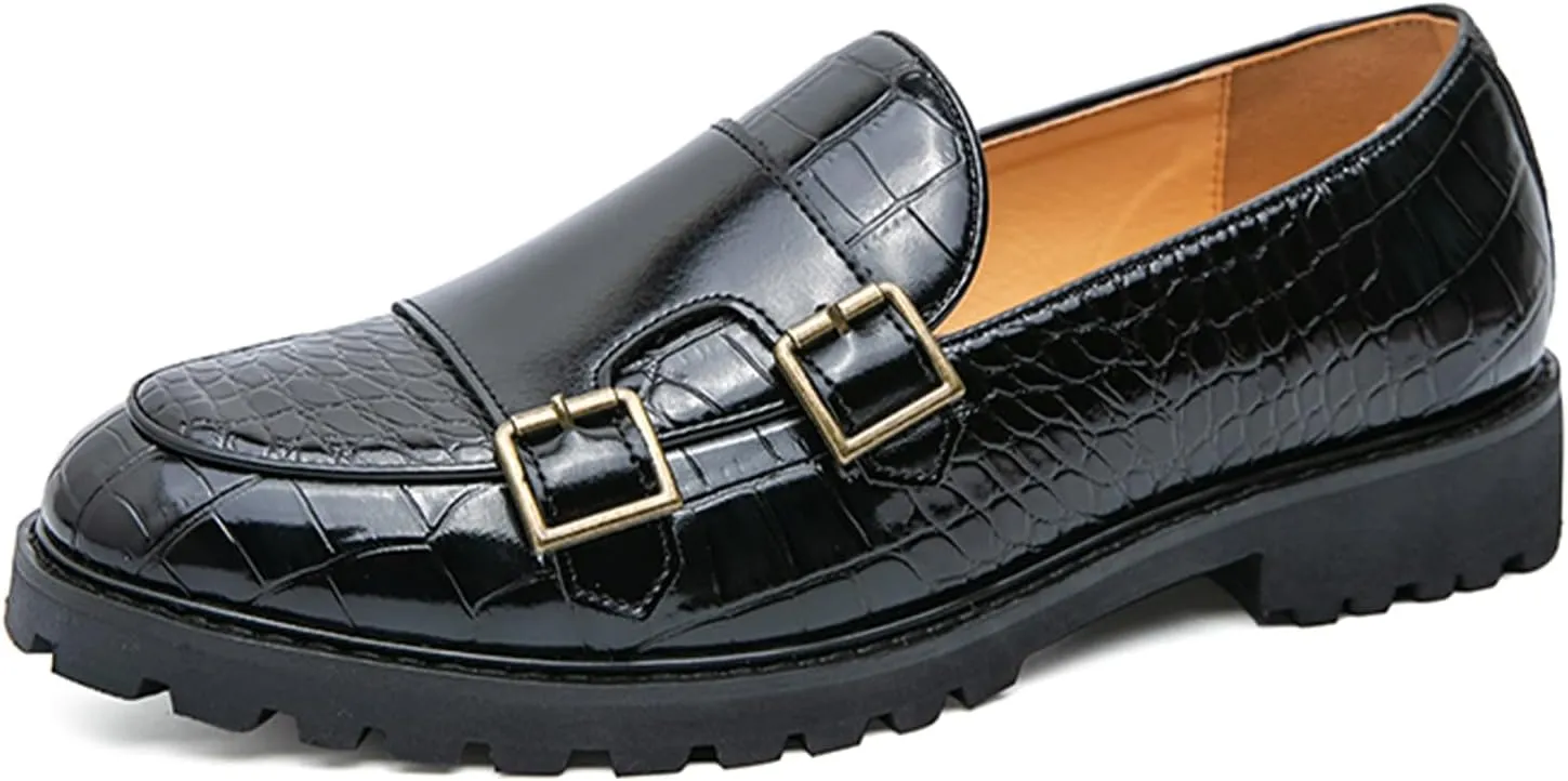 Men's Dress Loafers Double Monk Strap Leather Slip On Loafers Burgundy Crocodile Pattern with Lug Sole Business Formal Casual Dress Shoes
