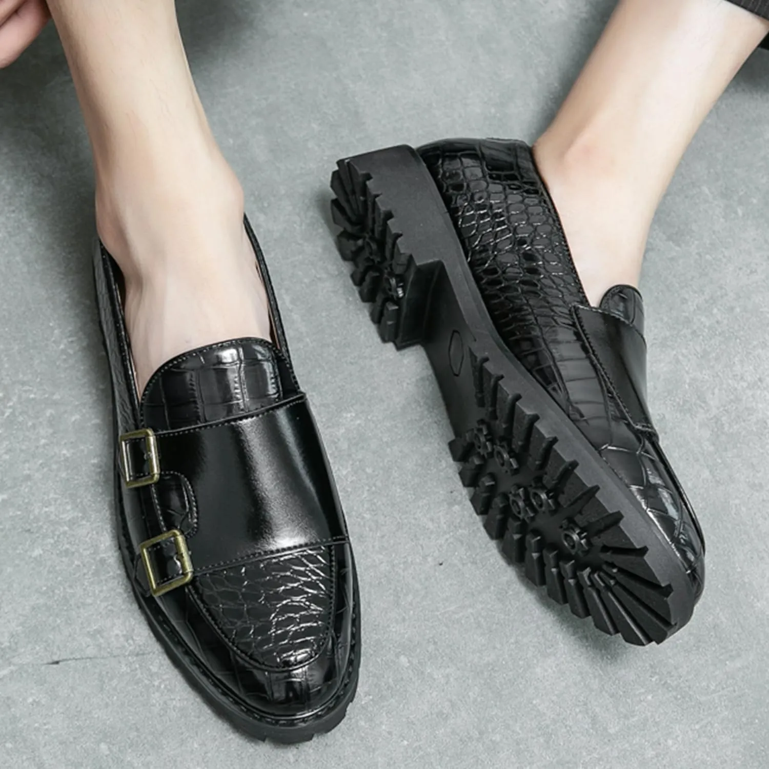 Men's Dress Loafers Double Monk Strap Leather Slip On Loafers Burgundy Crocodile Pattern with Lug Sole Business Formal Casual Dress Shoes