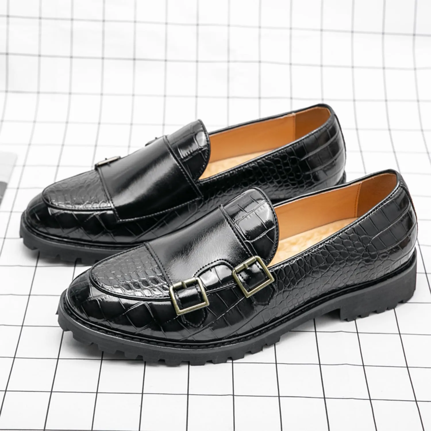 Men's Dress Loafers Double Monk Strap Leather Slip On Loafers Burgundy Crocodile Pattern with Lug Sole Business Formal Casual Dress Shoes