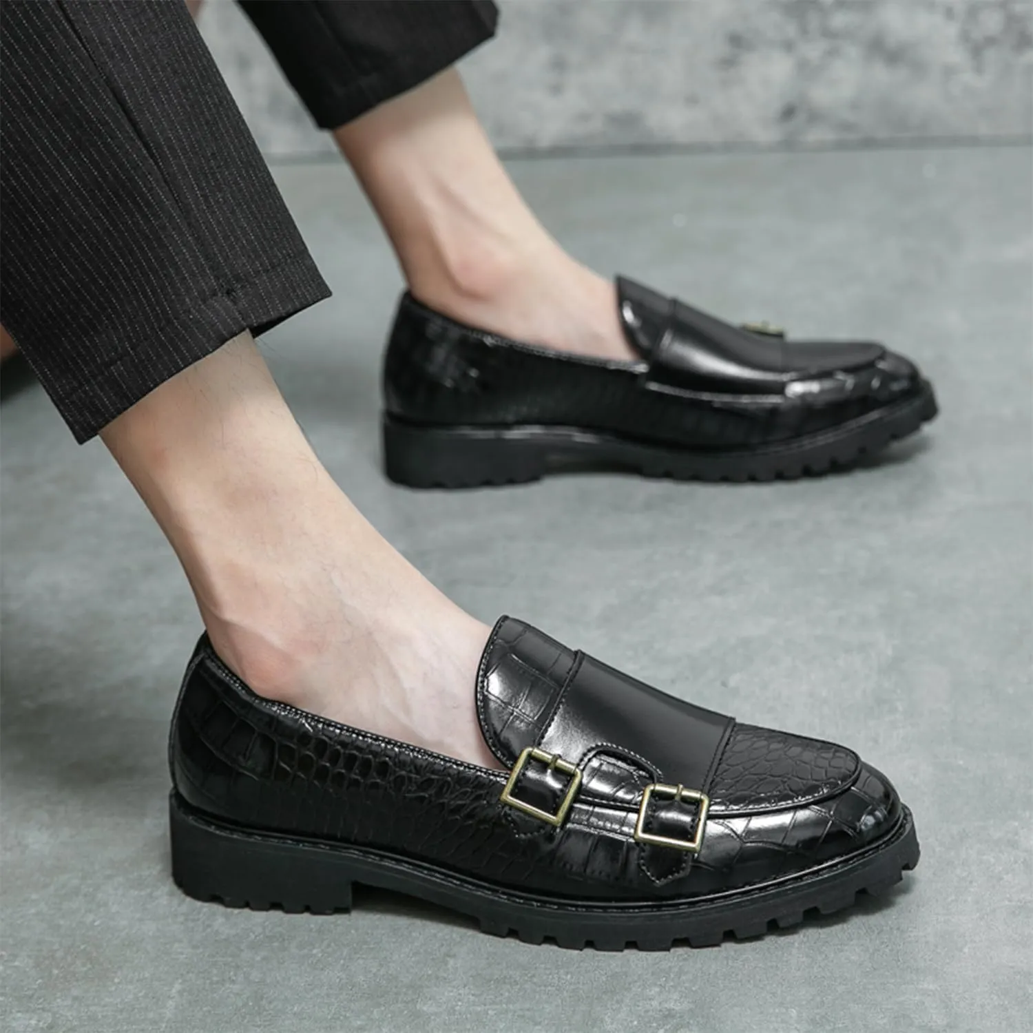 Men's Dress Loafers Double Monk Strap Leather Slip On Loafers Burgundy Crocodile Pattern with Lug Sole Business Formal Casual Dress Shoes