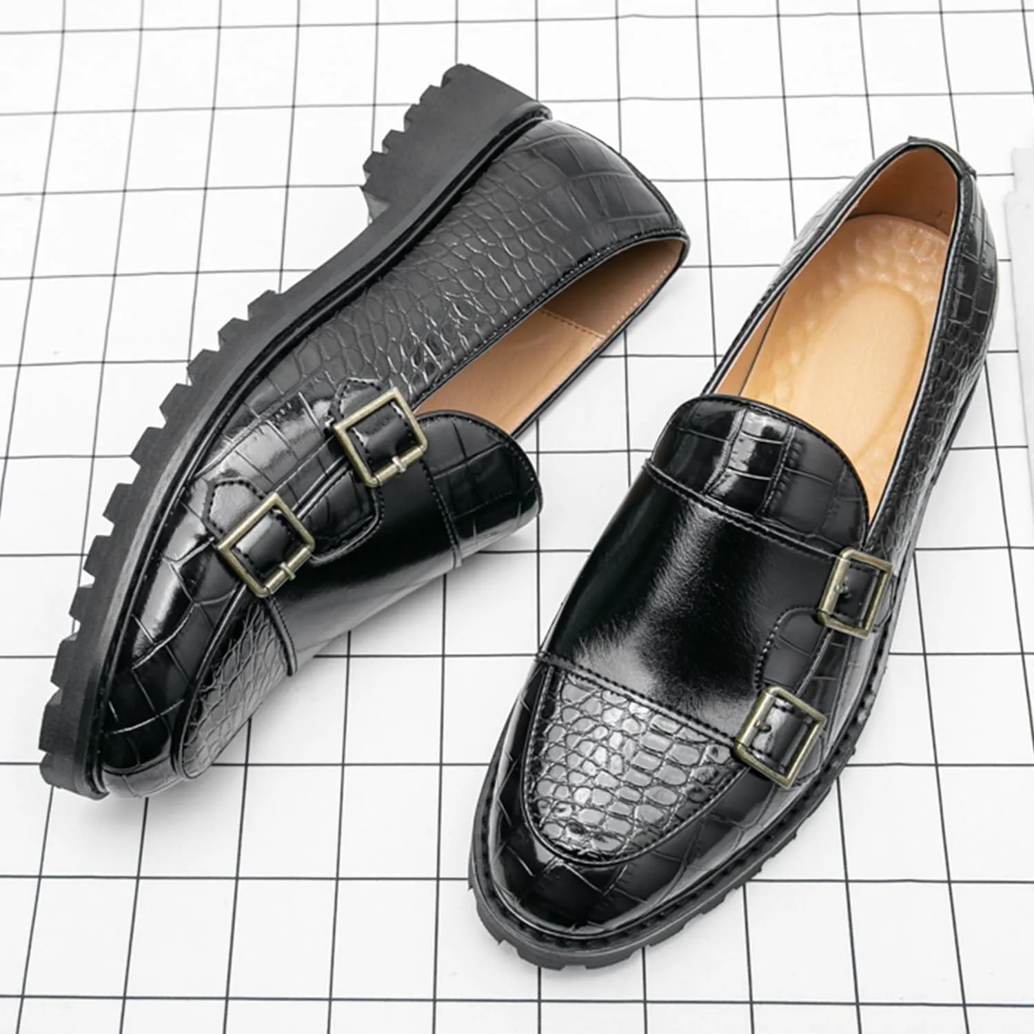 Men's Dress Loafers Double Monk Strap Leather Slip On Loafers Burgundy Crocodile Pattern with Lug Sole Business Formal Casual Dress Shoes