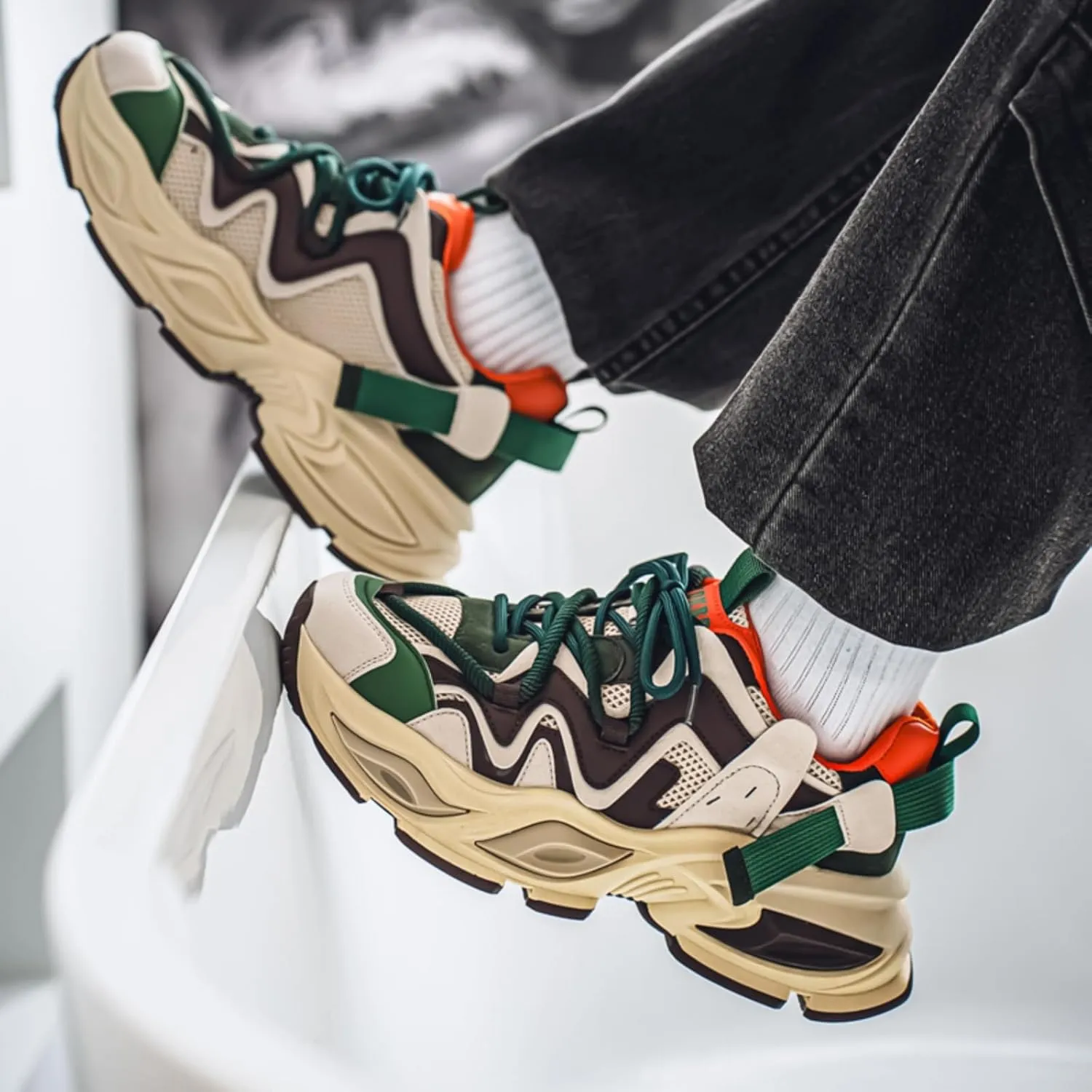 Men's Fashion Breathable Mesh Platform Chunky Lace Up Sneakers Casual Running Tennis Workout Sport Work Trendy Athletic Walking Driving Shoes