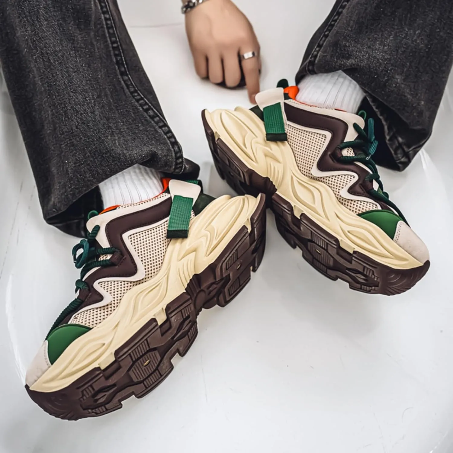 Men's Fashion Breathable Mesh Platform Chunky Lace Up Sneakers Casual Running Tennis Workout Sport Work Trendy Athletic Walking Driving Shoes