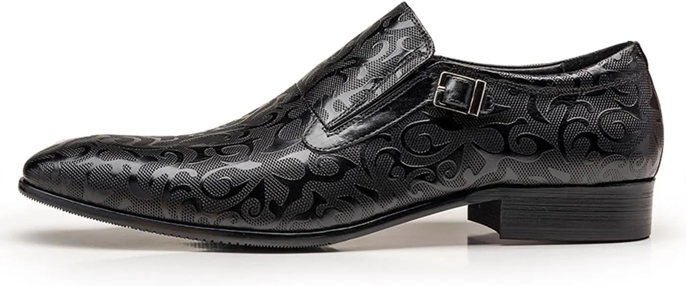 Men's Genuine Leather Monk Strap Formal Dress Shoes, Pointed Toe Penny Loafers with Buckle, Stylish Embossed Business Casual Shoes for Men