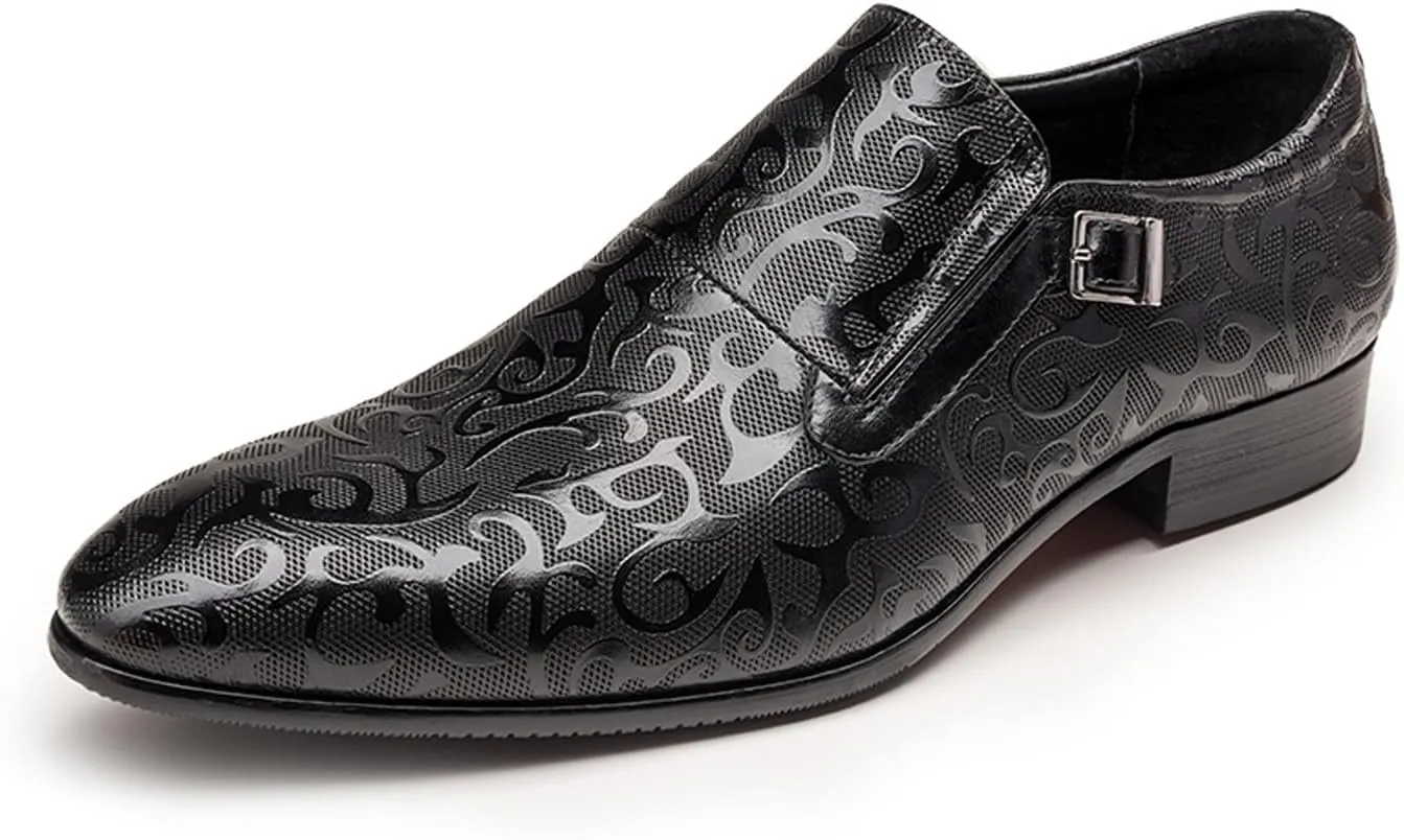 Men's Genuine Leather Monk Strap Formal Dress Shoes, Pointed Toe Penny Loafers with Buckle, Stylish Embossed Business Casual Shoes for Men