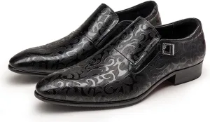Men's Genuine Leather Monk Strap Formal Dress Shoes, Pointed Toe Penny Loafers with Buckle, Stylish Embossed Business Casual Shoes for Men