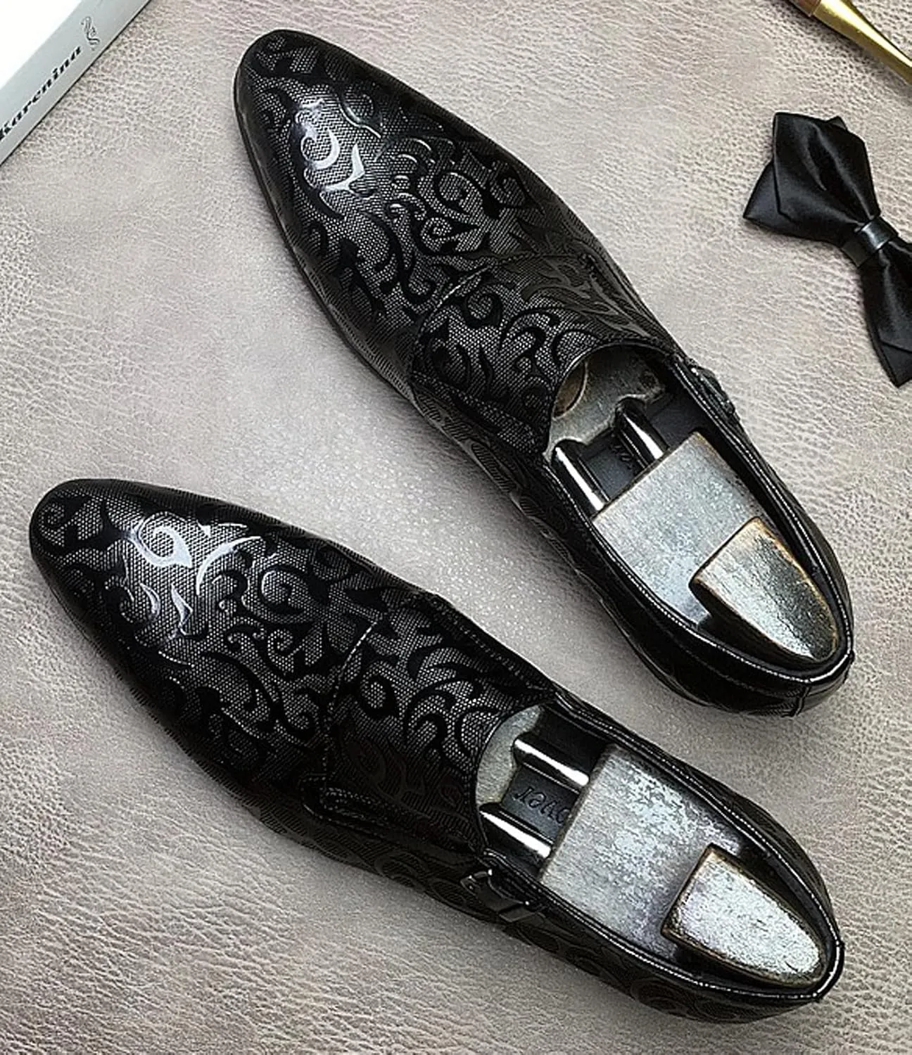 Men's Genuine Leather Monk Strap Formal Dress Shoes, Pointed Toe Penny Loafers with Buckle, Stylish Embossed Business Casual Shoes for Men