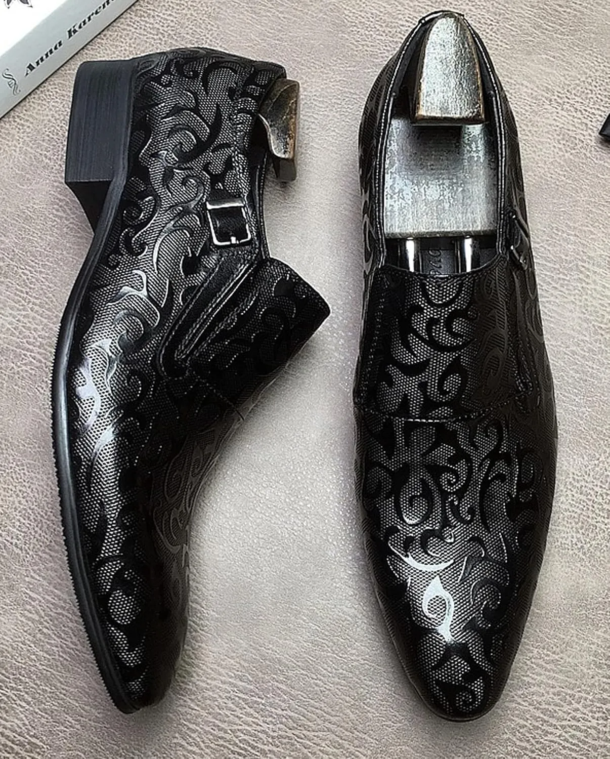 Men's Genuine Leather Monk Strap Formal Dress Shoes, Pointed Toe Penny Loafers with Buckle, Stylish Embossed Business Casual Shoes for Men