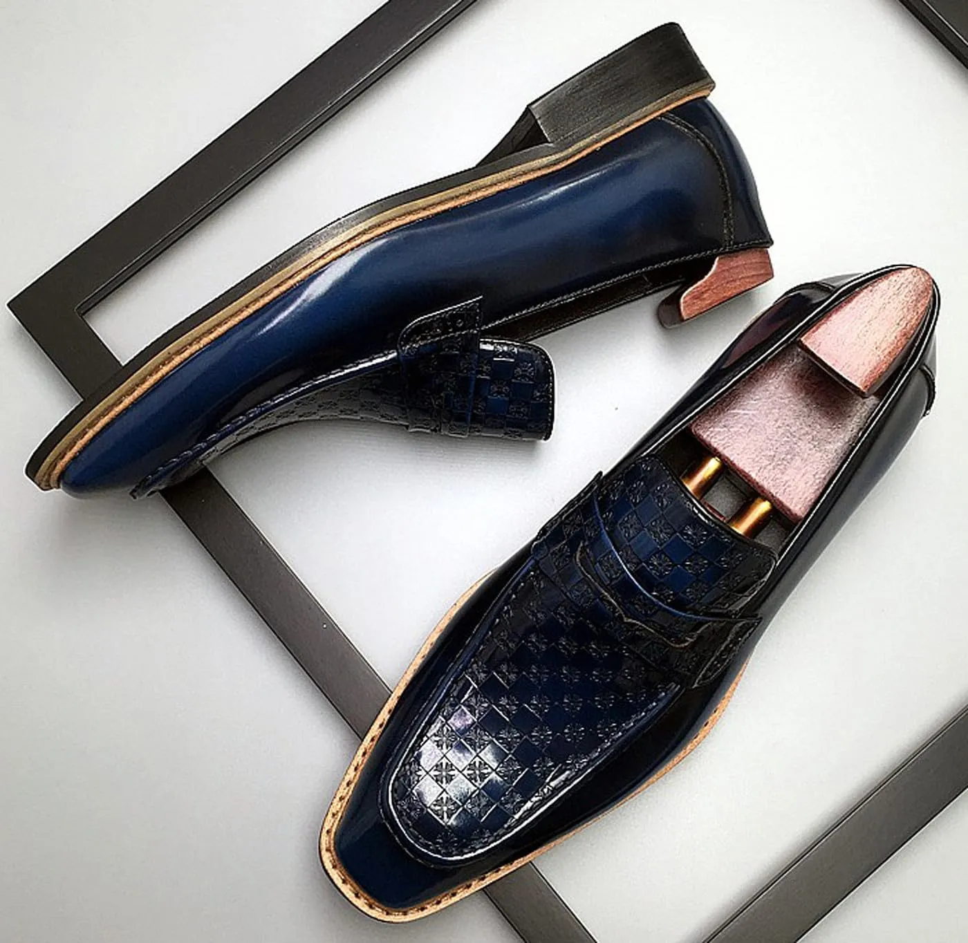 Men’s Genuine Leather Slip-On Loafers – Designer-Inspired Dress Shoes with Textured Checkered Vamp – Stylish Penny Loafers for Business, Wedding & Formal