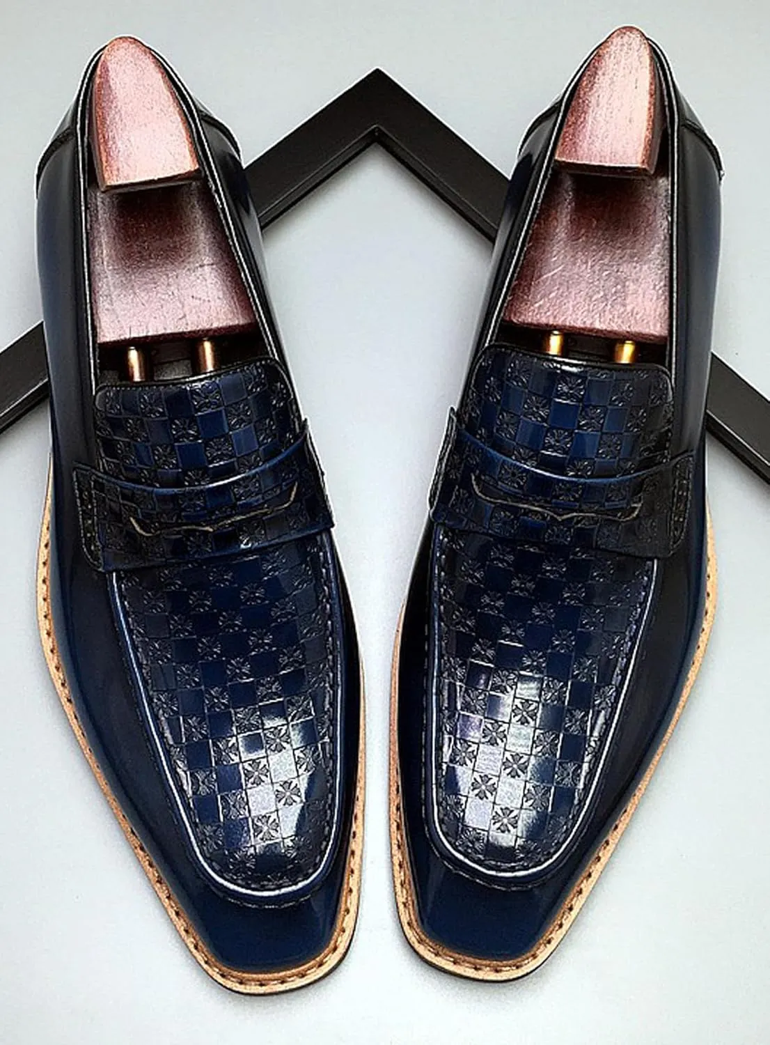 Men’s Genuine Leather Slip-On Loafers – Designer-Inspired Dress Shoes with Textured Checkered Vamp – Stylish Penny Loafers for Business, Wedding & Formal