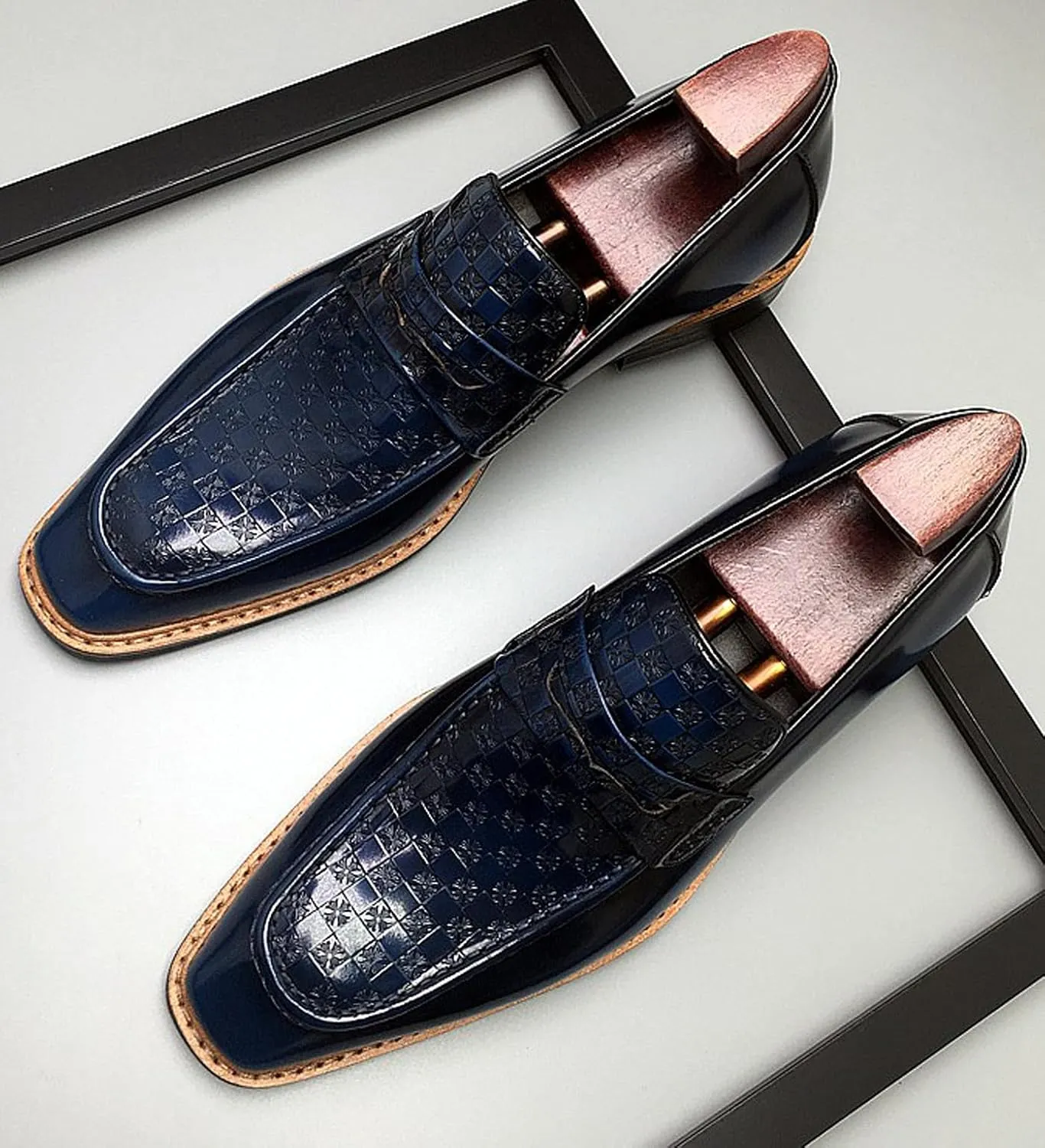 Men’s Genuine Leather Slip-On Loafers – Designer-Inspired Dress Shoes with Textured Checkered Vamp – Stylish Penny Loafers for Business, Wedding & Formal