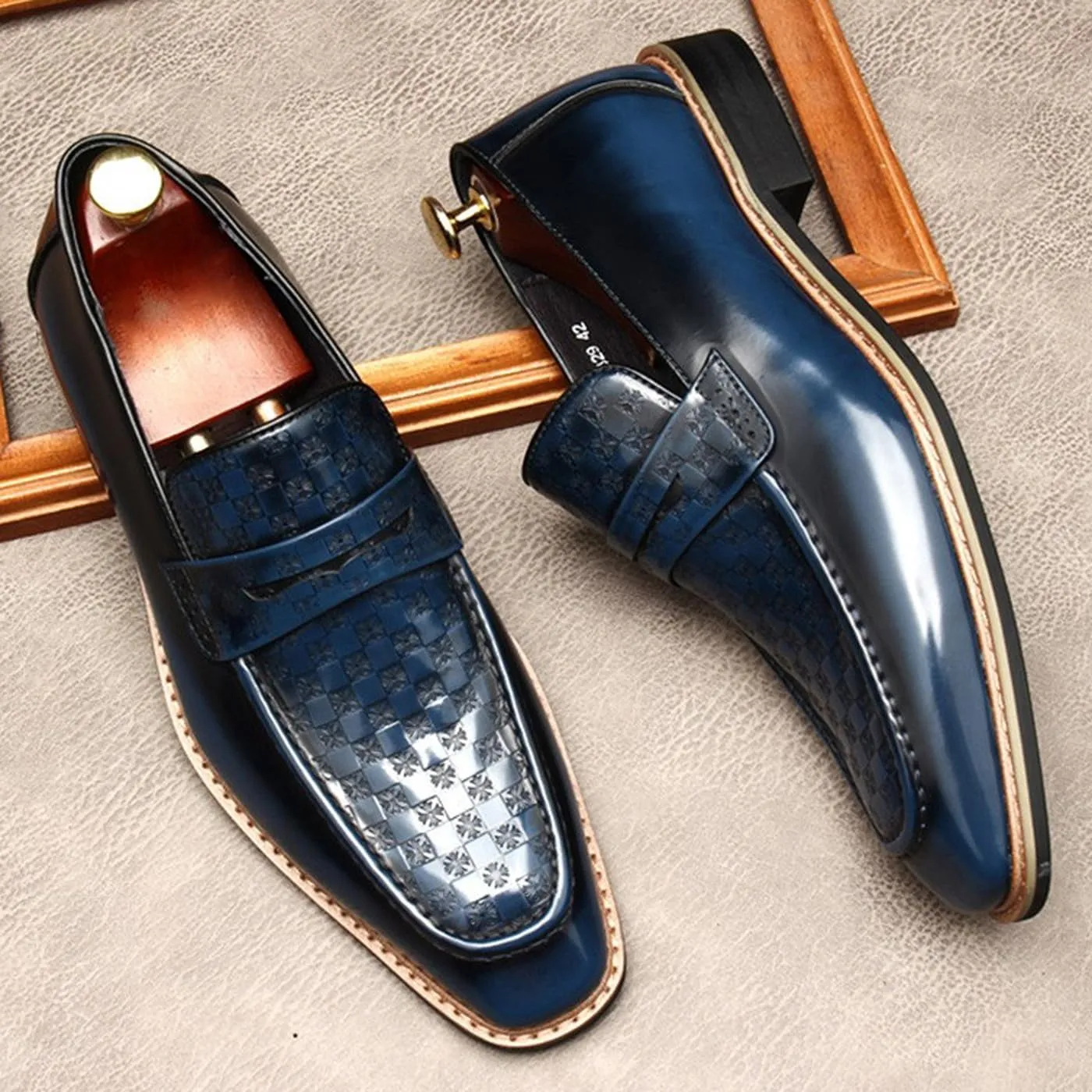 Men’s Genuine Leather Slip-On Loafers – Designer-Inspired Dress Shoes with Textured Checkered Vamp – Stylish Penny Loafers for Business, Wedding & Formal