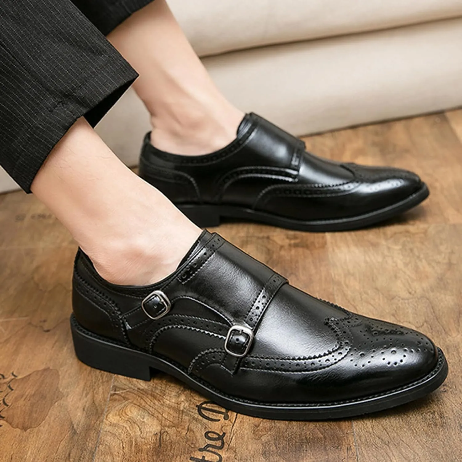 Men's Leather Double Monk Strap Brogue Dress Oxfords Shoes Fashion Classic Wingtip Low Top Slip On Loafers Business Casual Comfortable Formal Shoes
