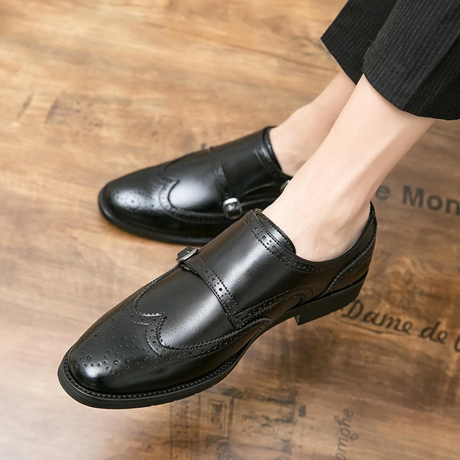 Men's Leather Double Monk Strap Brogue Dress Oxfords Shoes Fashion Classic Wingtip Low Top Slip On Loafers Business Casual Comfortable Formal Shoes