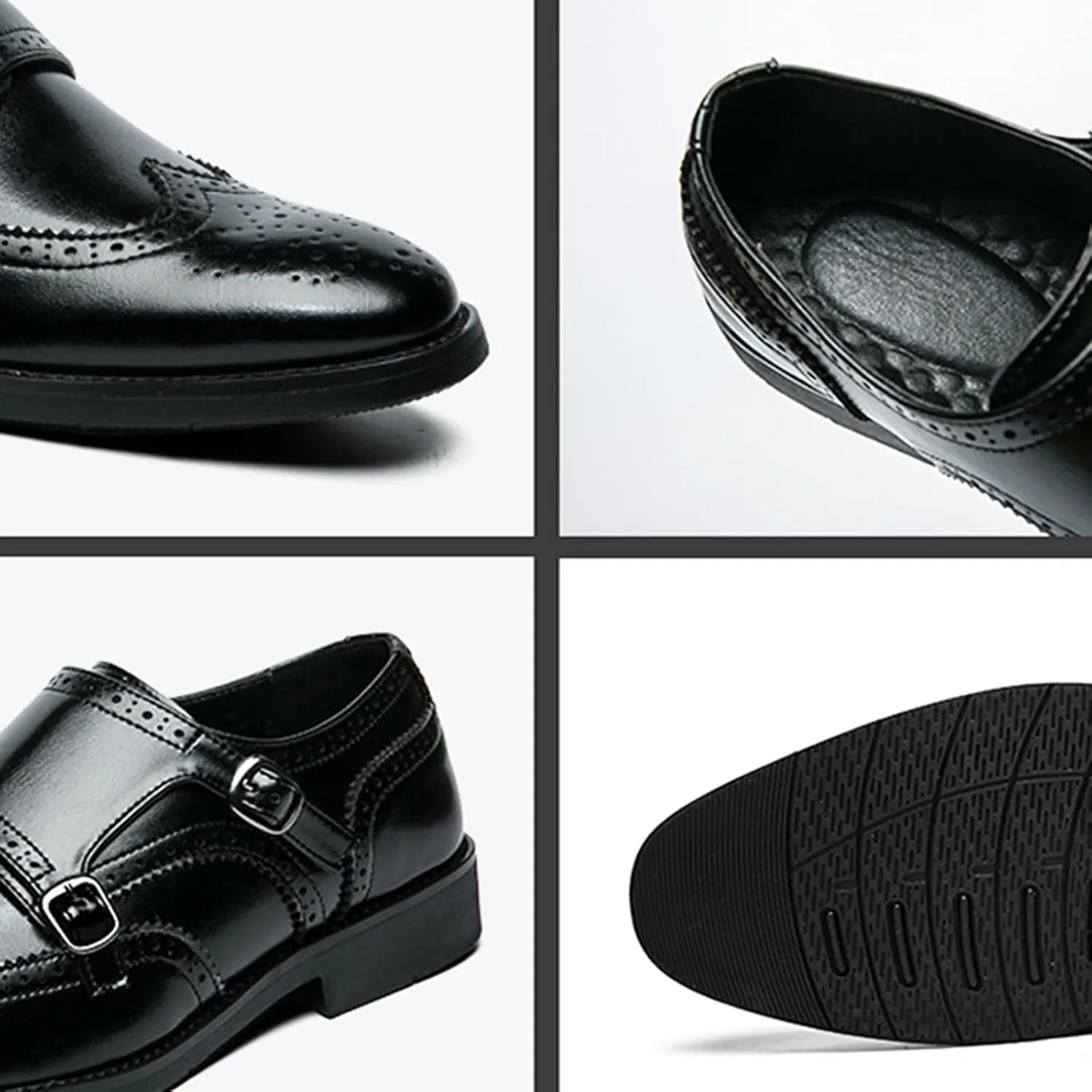 Men's Leather Double Monk Strap Brogue Dress Oxfords Shoes Fashion Classic Wingtip Low Top Slip On Loafers Business Casual Comfortable Formal Shoes