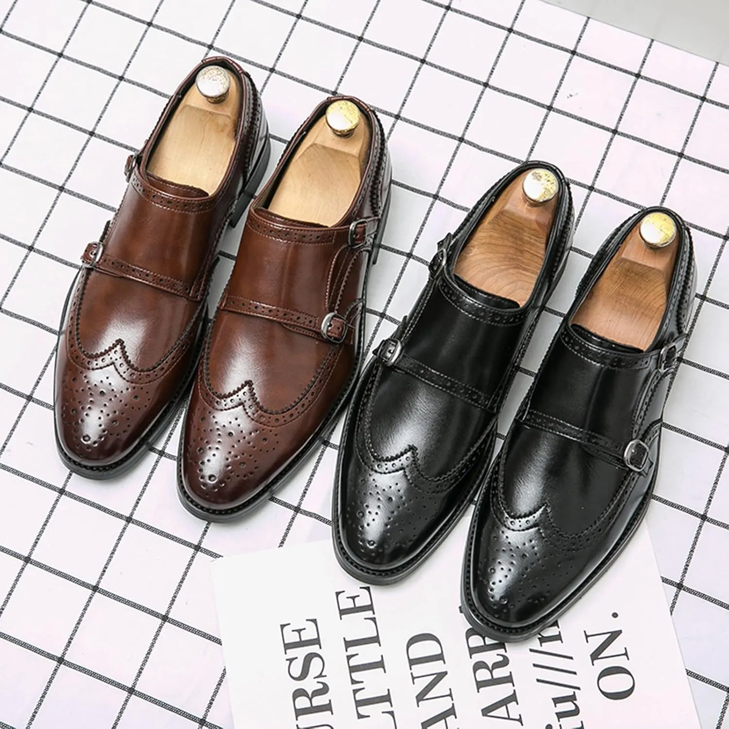 Men's Leather Double Monk Strap Brogue Dress Oxfords Shoes Fashion Classic Wingtip Low Top Slip On Loafers Business Casual Comfortable Formal Shoes