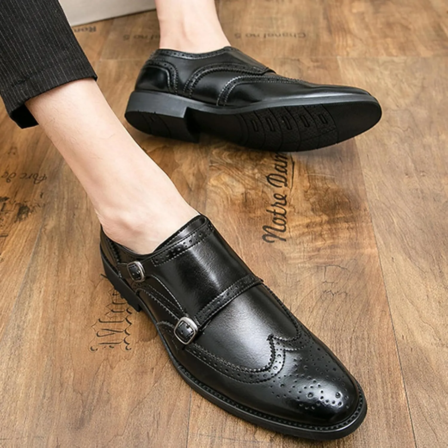 Men's Leather Double Monk Strap Brogue Dress Oxfords Shoes Fashion Classic Wingtip Low Top Slip On Loafers Business Casual Comfortable Formal Shoes