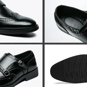 Men's Leather Double Monk Strap Brogue Dress Oxfords Shoes Fashion Classic Wingtip Low Top Slip On Loafers Business Casual Comfortable Formal Shoes