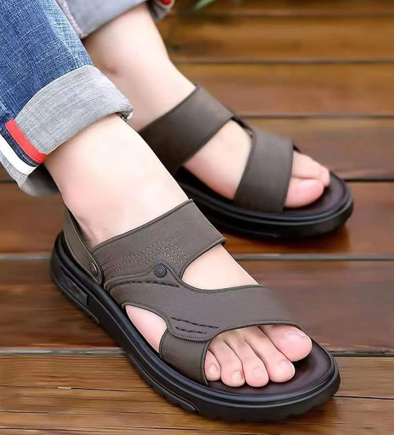 Mens Leather Hiking Sandals Walking Sandals Outdoor Summer Casual Beach Sandals Slippers