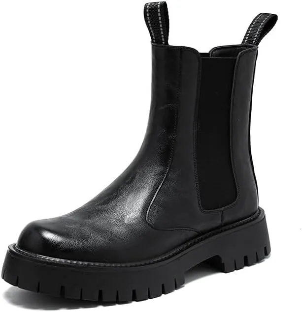 Men's Leather Platform Chelsea Boots Lug Sole Chunky Heel Brogue Dress Ankle Boots Round Toe Retro Slip-On Oxfords Boot