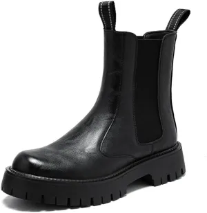 Men's Leather Platform Chelsea Boots Lug Sole Chunky Heel Brogue Dress Ankle Boots Round Toe Retro Slip-On Oxfords Boot