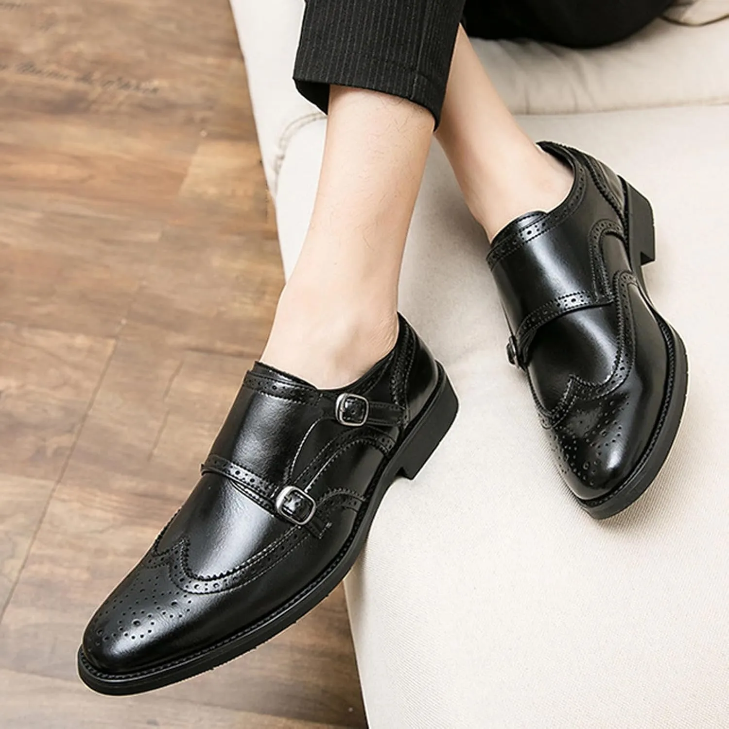Men's Leather Wingtip Brogue Dress Shoes, Fashion Double Monk Strap Slip-On Business Loafers,Comfortable Non-Slip Casual Work Formal Shoes