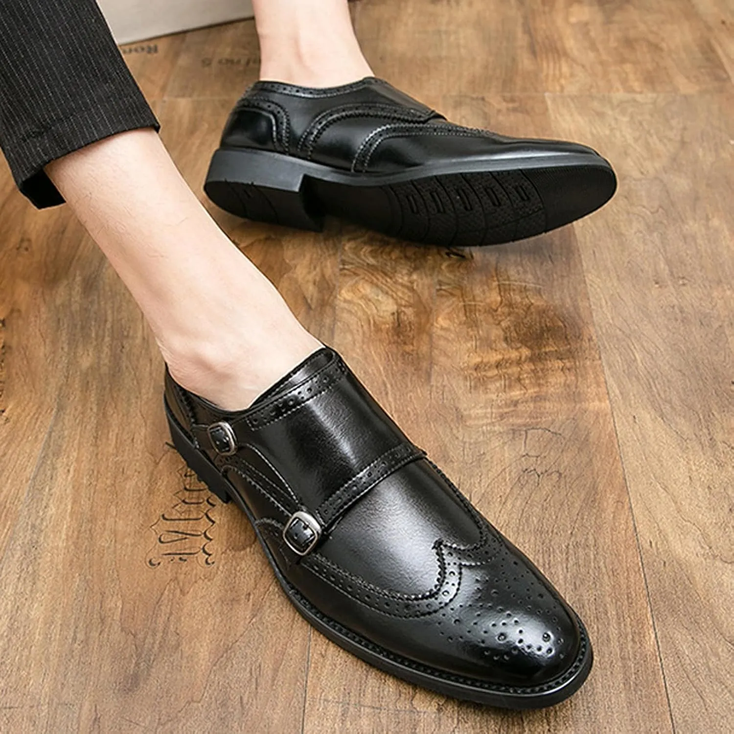Men's Leather Wingtip Brogue Dress Shoes, Fashion Double Monk Strap Slip-On Business Loafers,Comfortable Non-Slip Casual Work Formal Shoes
