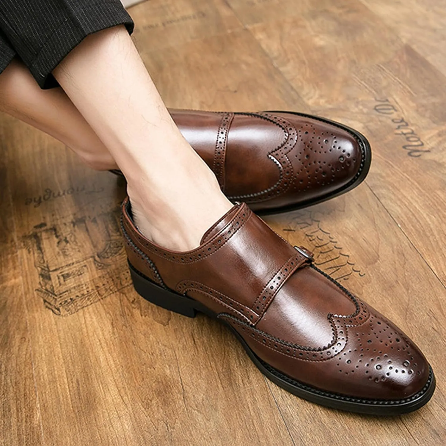 Men's Leather Wingtip Brogue Dress Shoes, Fashion Double Monk Strap Slip-On Business Loafers,Comfortable Non-Slip Casual Work Formal Shoes