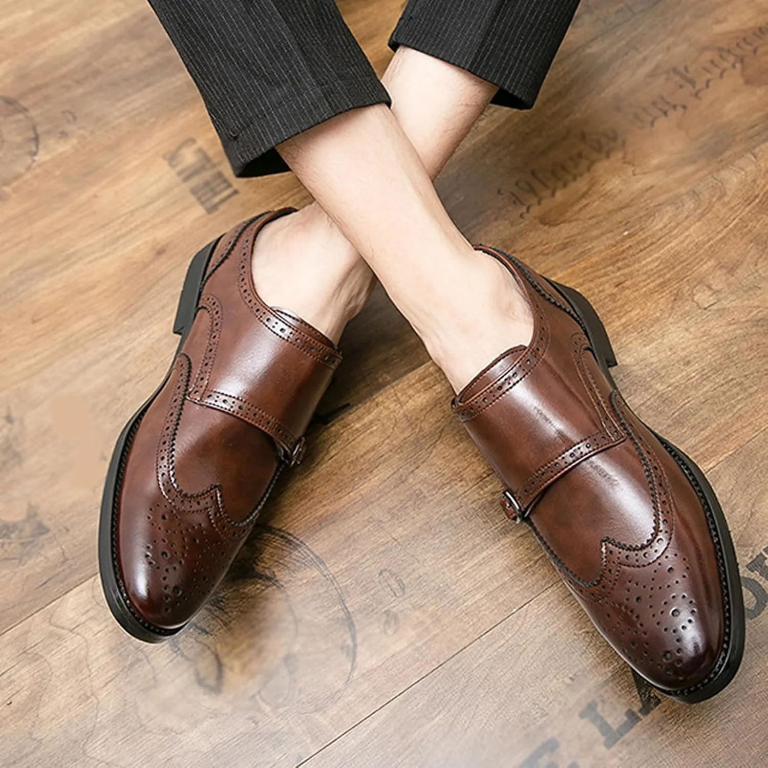 Men's Leather Wingtip Brogue Dress Shoes, Fashion Double Monk Strap Slip-On Business Loafers,Comfortable Non-Slip Casual Work Formal Shoes