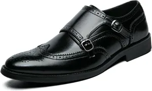 Men's Leather Wingtip Brogue Dress Shoes, Fashion Double Monk Strap Slip-On Business Loafers,Comfortable Non-Slip Casual Work Formal Shoes