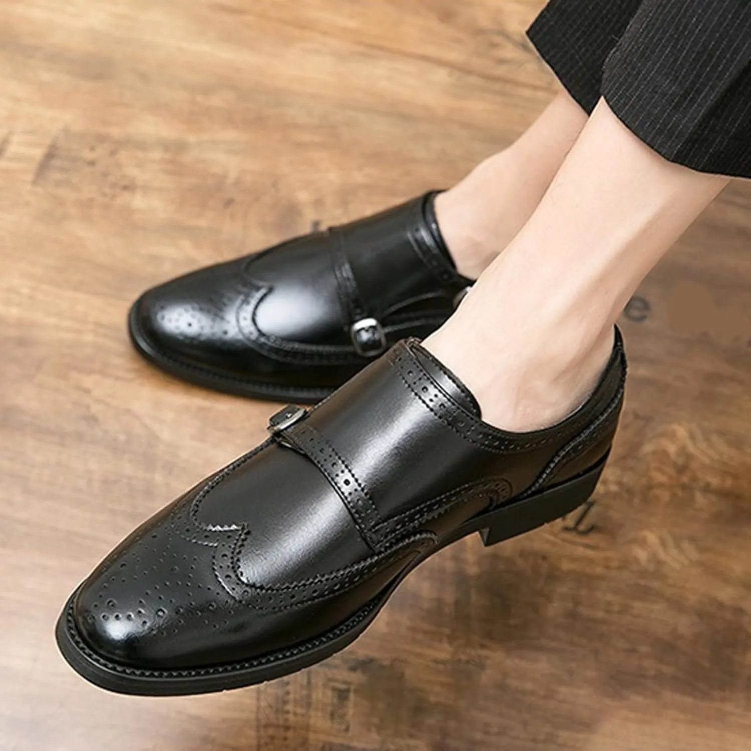 Men's Leather Wingtip Brogue Dress Shoes, Fashion Double Monk Strap Slip-On Business Loafers,Comfortable Non-Slip Casual Work Formal Shoes