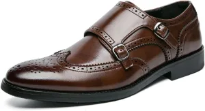 Men's Leather Wingtip Brogue Dress Shoes, Fashion Double Monk Strap Slip-On Business Loafers,Comfortable Non-Slip Casual Work Formal Shoes