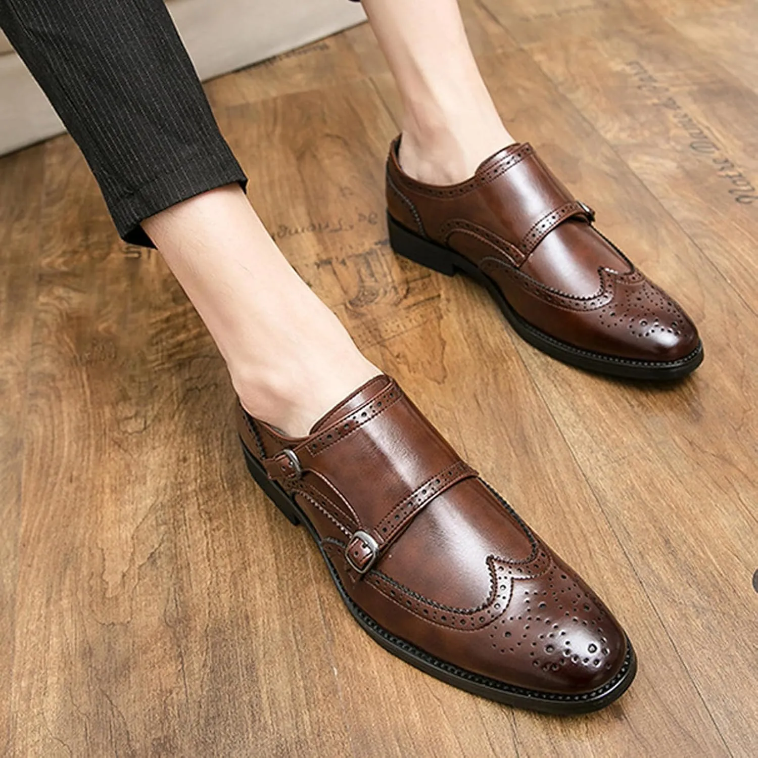 Men's Leather Wingtip Brogue Dress Shoes, Fashion Double Monk Strap Slip-On Business Loafers,Comfortable Non-Slip Casual Work Formal Shoes