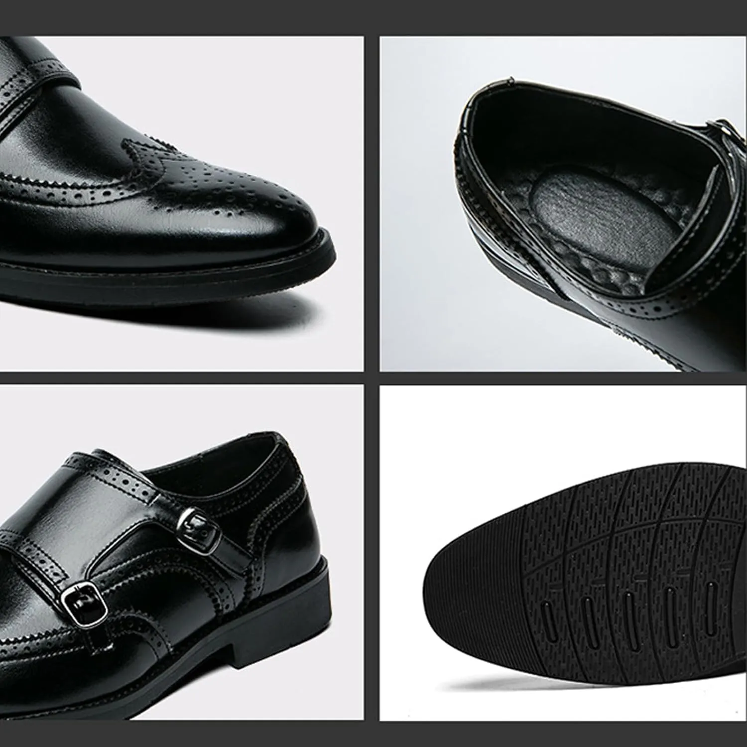 Men's Leather Wingtip Brogue Dress Shoes, Fashion Double Monk Strap Slip-On Business Loafers,Comfortable Non-Slip Casual Work Formal Shoes