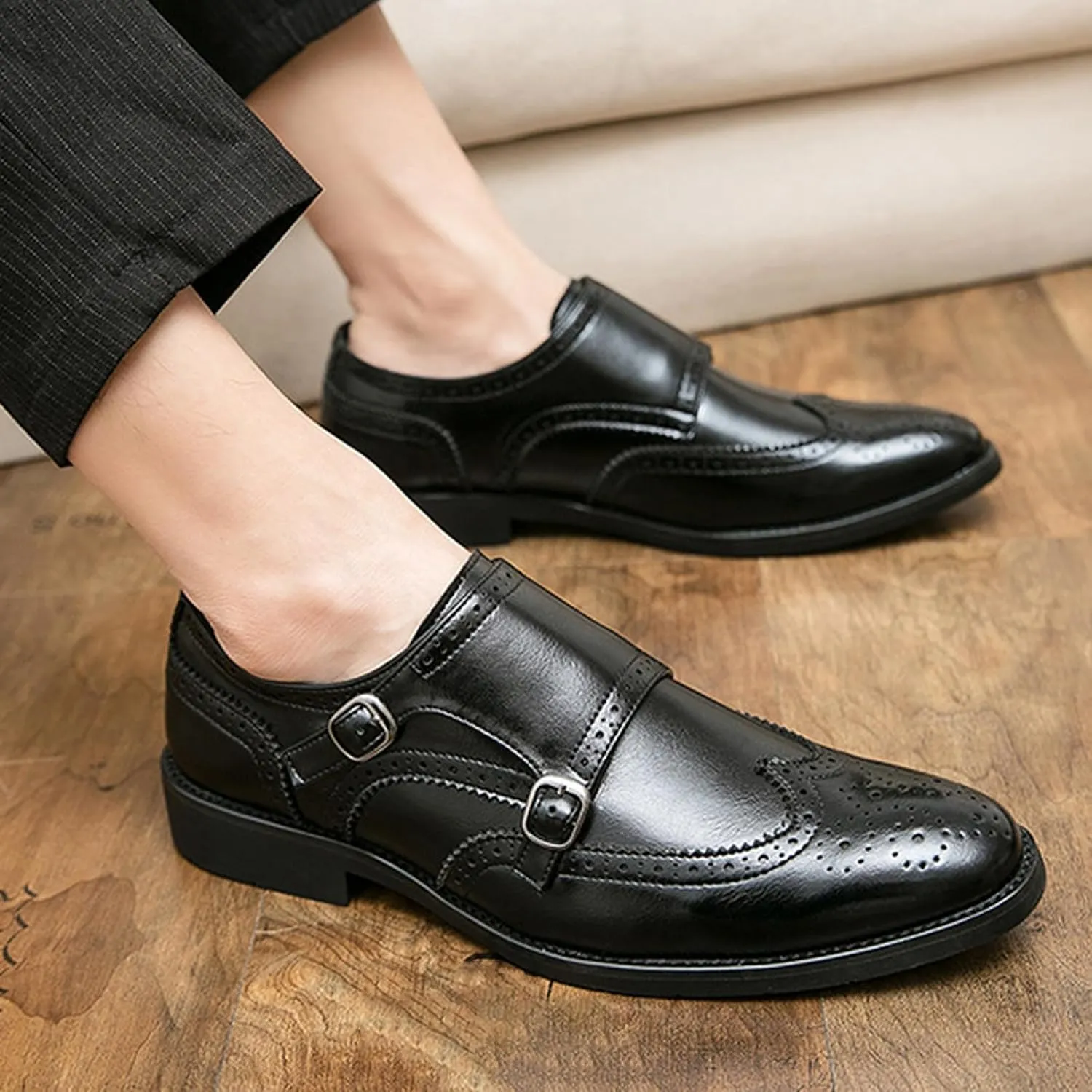 Men's Leather Wingtip Brogue Dress Shoes, Fashion Double Monk Strap Slip-On Business Loafers,Comfortable Non-Slip Casual Work Formal Shoes