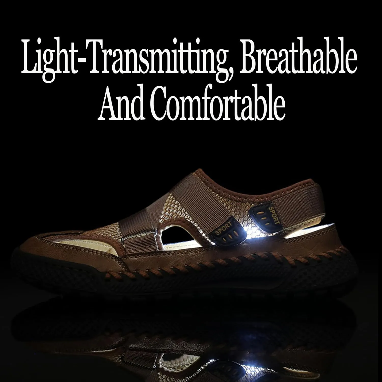 Men's Mesh Cutout Hook and Loop Fisherman Sandals Comfort Non Slip Lightweight Hand Stitching Beach Sandals Casual Wading Outdoor Sandals