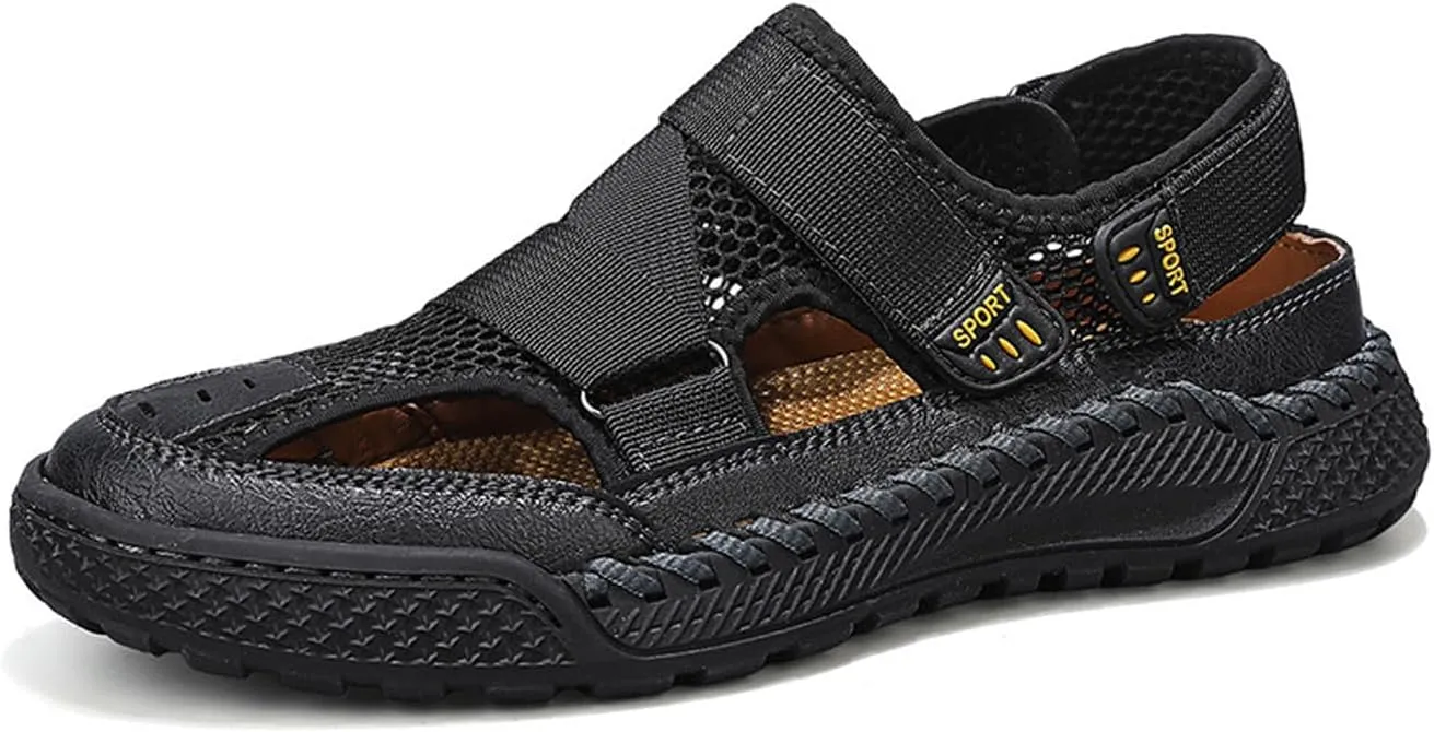 Men's Mesh Cutout Hook and Loop Fisherman Sandals Comfort Non Slip Lightweight Hand Stitching Beach Sandals Casual Wading Outdoor Sandals