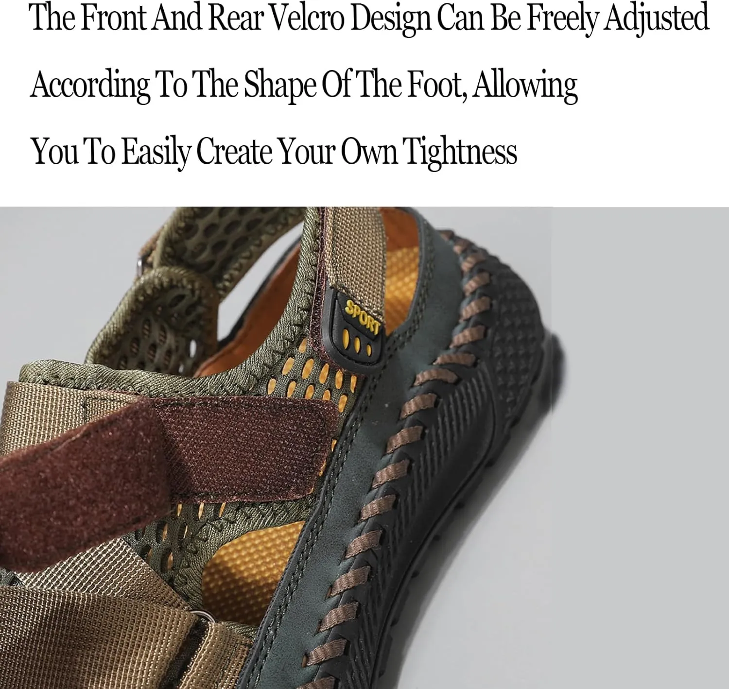 Men's Mesh Cutout Hook and Loop Fisherman Sandals Comfort Non Slip Lightweight Hand Stitching Beach Sandals Casual Wading Outdoor Sandals